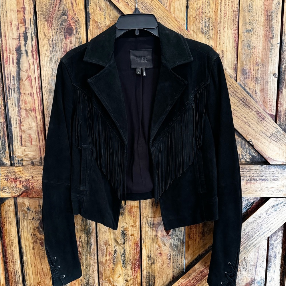 Paige black leather fringe crop jacket size large